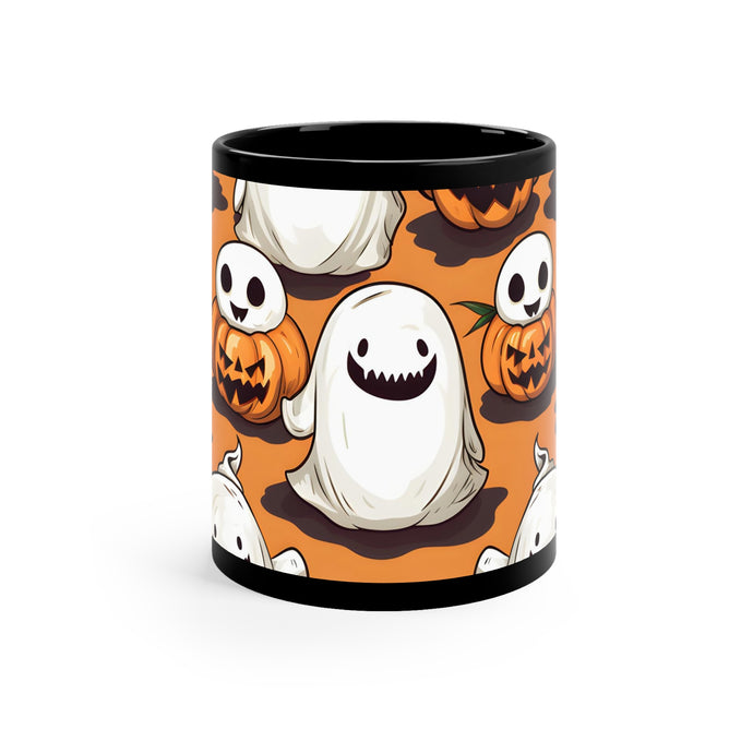 DistinctInk Black Coffee Mug - Skeletal Ghost in a Pumpkin for Halloween