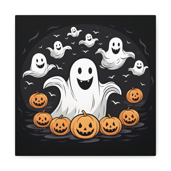 DistinctInk Canvas Wall Art with Skeletal Ghostly Pumpkin Patch for Halloween