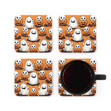 DistinctInk (Set of 4) Corkwood Coasters with Skeletal Ghost in a PumpkinDesign for Halloween
