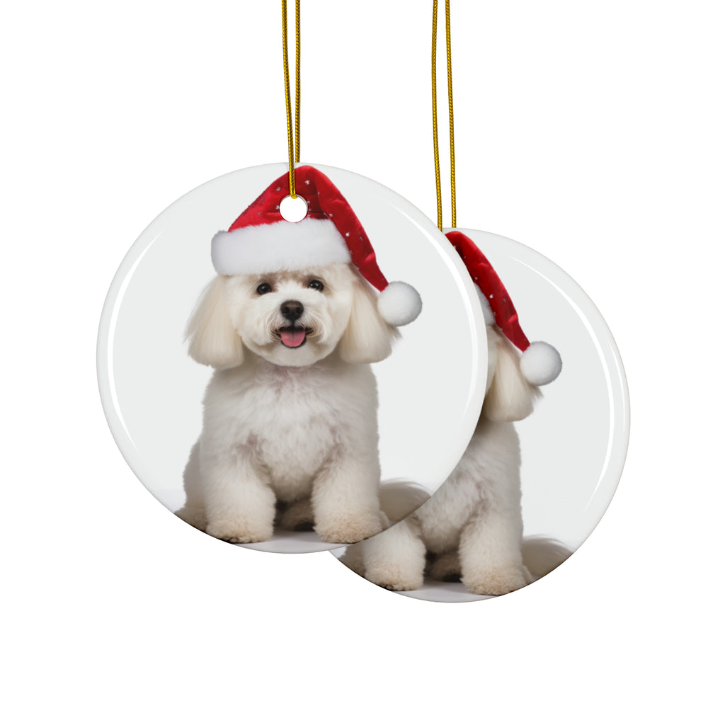 Hanging Ceramic Christmas Tree Ornament with Gold String - Bichon Frise Design, view 2