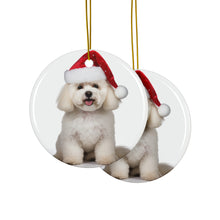 DistinctInk Hanging Ceramic Christmas Tree Ornament with Gold String - Great Gift/Present - 2 3/4 inch Diameter - Bichon Frise Design