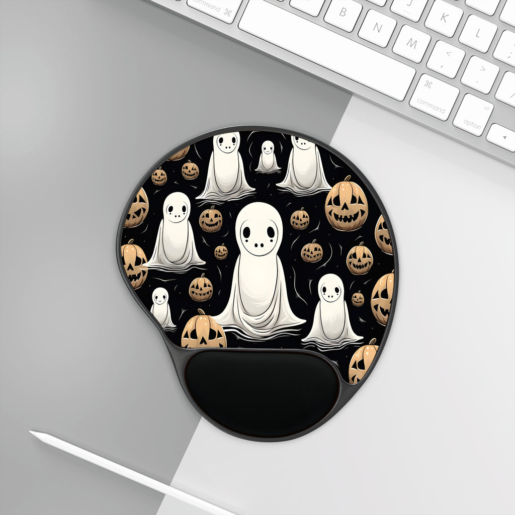 Mouse Pad with Wrist Rest with Ghostly Skeleton and Pumpkin Design for Halloween, view 3