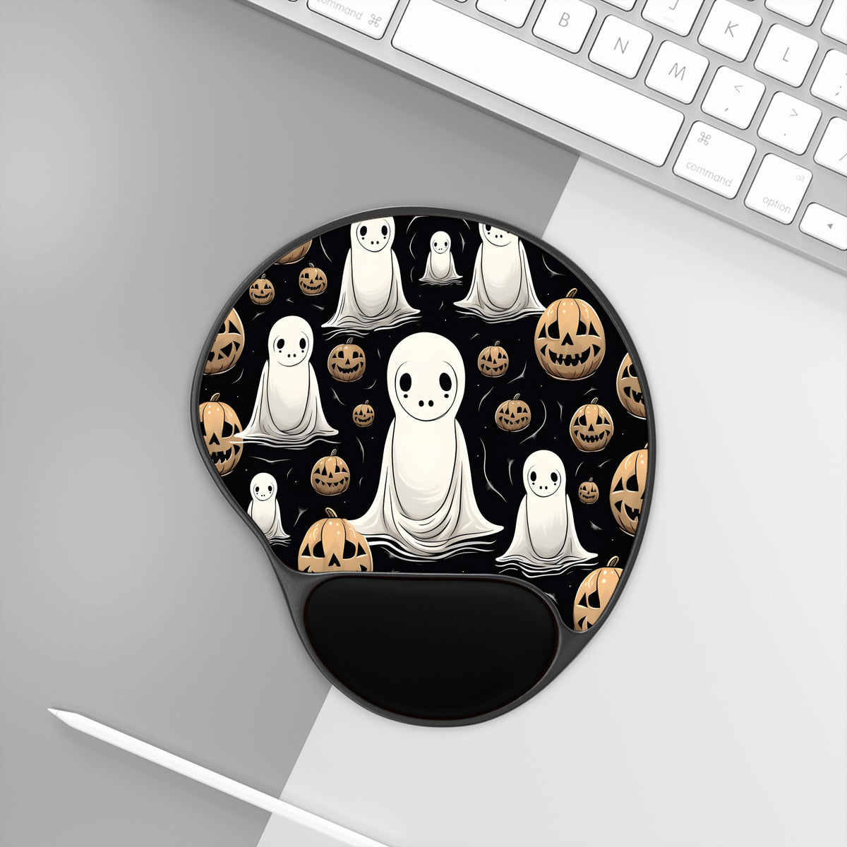 Mouse Pad with Wrist Rest with Ghostly Skeleton and Pumpkin Design for Halloween, view 3