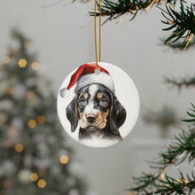 DistinctInk Hanging Ceramic Christmas Tree Ornament with Gold String - Great Gift/Present - 2 3/4 inch Diameter - Bluetick Coonhound Puppy Drawing Design