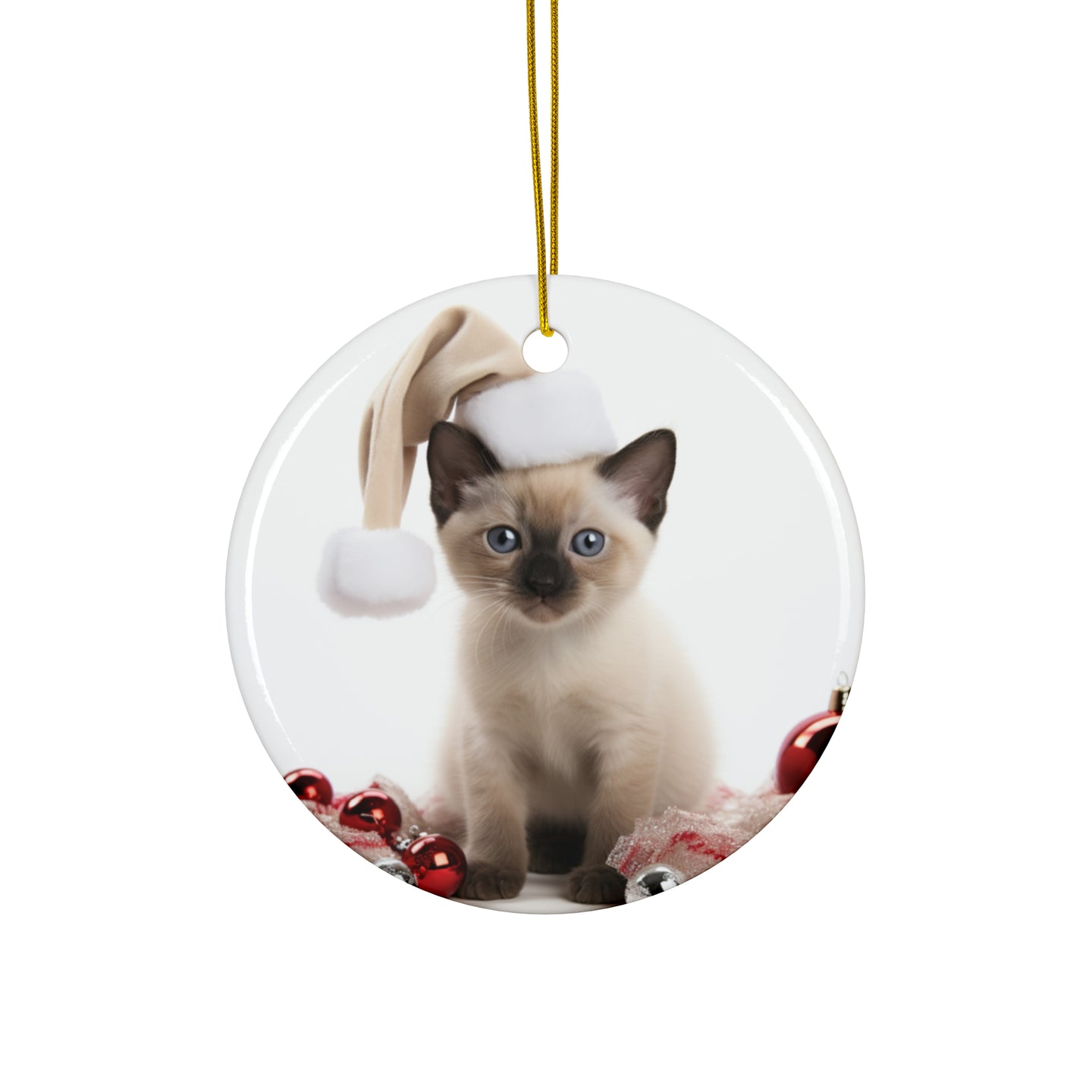 DistinctInk Hanging Ceramic Christmas Tree Ornament with Gold String - Great Gift/Present - 2 3/4 inch Diameter - Tonkinese Kitten Design