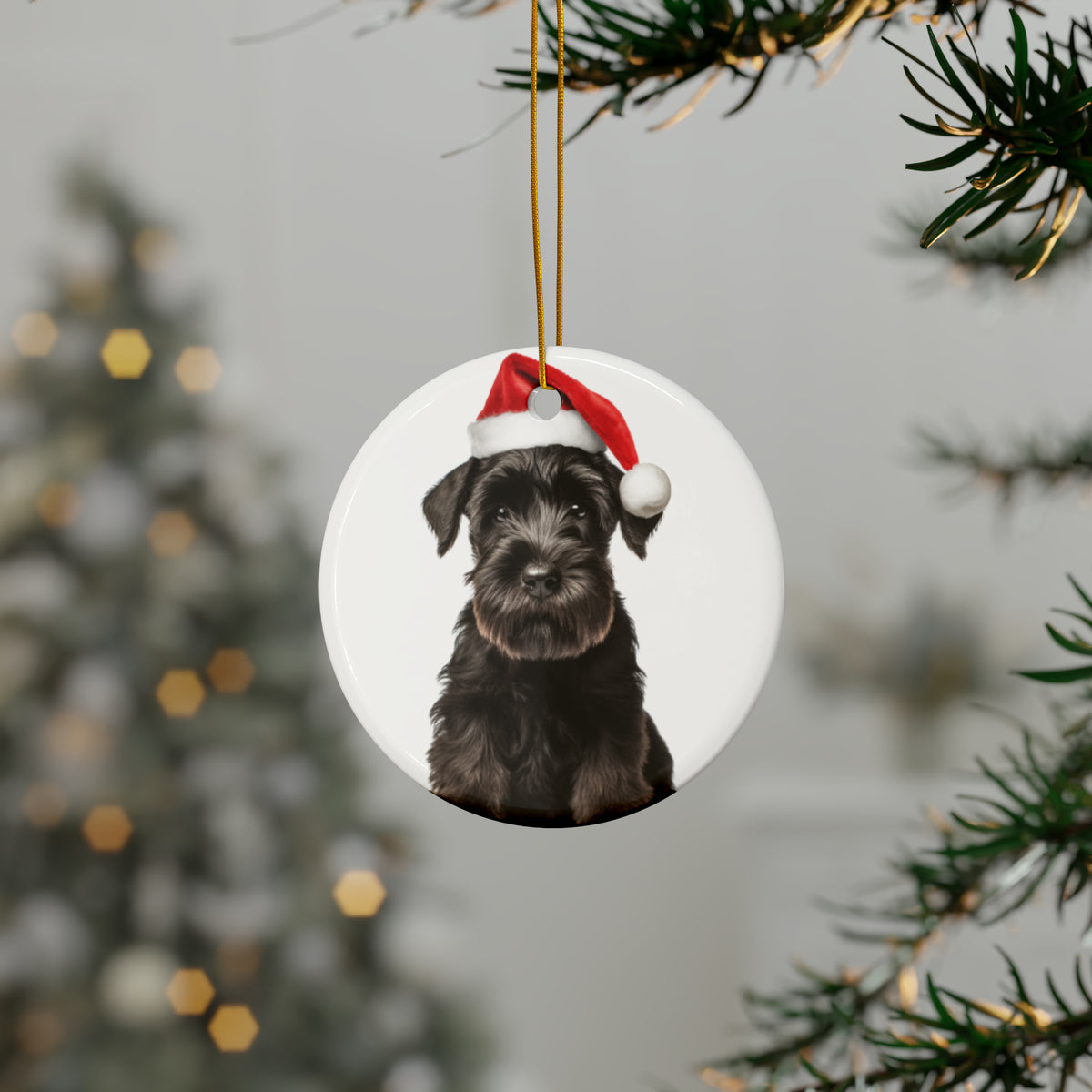 Hanging Ceramic Christmas Tree Ornament with Gold String - Giant Schnauzer Puppy Design, view 3
