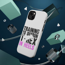 DistinctInk ToughCase for Apple iPhone, Compatible with MagSafe Charging - Training to Outrun T-Rex in Heels