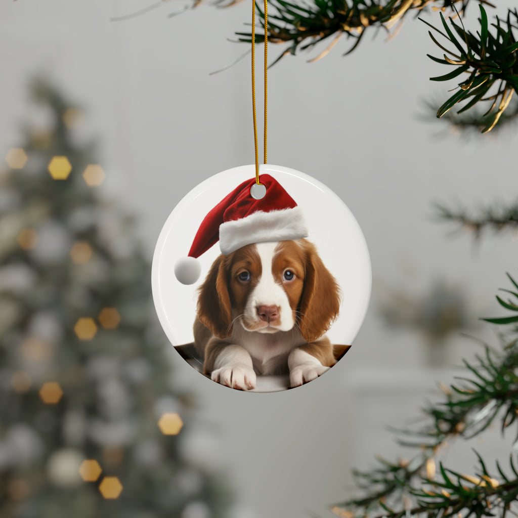 Hanging Ceramic Christmas Tree Ornament with Gold String - Welsh Springer Spaniel Puppy Design, view 3