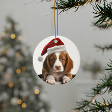 DistinctInk Hanging Ceramic Christmas Tree Ornament with Gold String - Great Gift/Present - 2 3/4 inch Diameter - Welsh Springer Spaniel Puppy Design
