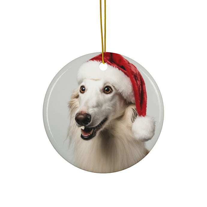 DistinctInk Hanging Ceramic Christmas Tree Ornament with Gold String - Great Gift/Present - 2 3/4 inch Diameter - Borzoi Puppy Design