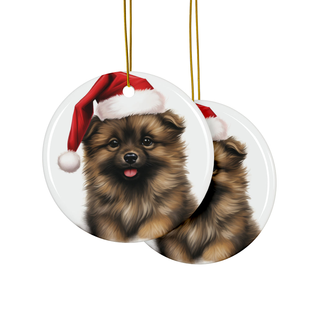 Hanging Ceramic Christmas Tree Ornament with Gold String - Keeshonden Puppy Drawing Design, view 2