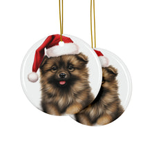 DistinctInk Hanging Ceramic Christmas Tree Ornament with Gold String - Great Gift/Present - 2 3/4 inch Diameter - Keeshonden Puppy Drawing Design