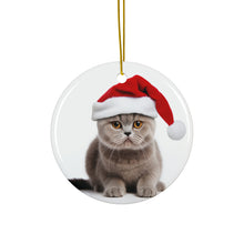 DistinctInk Hanging Ceramic Christmas Tree Ornament with Gold String - Great Gift/Present - 2 3/4 inch Diameter - Scottish Fold Cat Design
