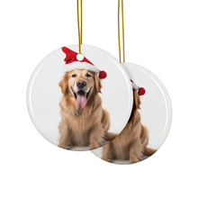 DistinctInk Hanging Ceramic Christmas Tree Ornament with Gold String - Great Gift/Present - 2 3/4 inch Diameter - Golden Retriever Design