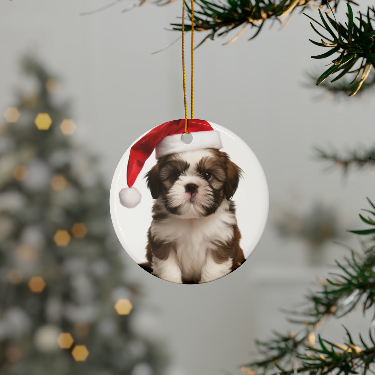 Hanging Ceramic Christmas Tree Ornament with Gold String - Shih Tzu Puppy Design, view 3