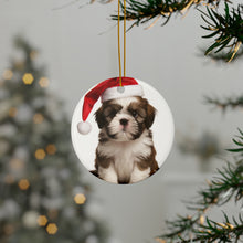 DistinctInk Hanging Ceramic Christmas Tree Ornament with Gold String - Great Gift/Present - 2 3/4 inch Diameter - Shih Tzu Puppy Design
