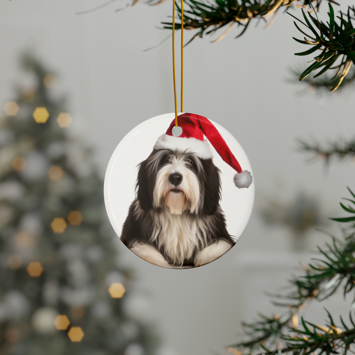 Hanging Ceramic Christmas Tree Ornament with Gold String - Polish Lowland Sheepdog Design, view 3