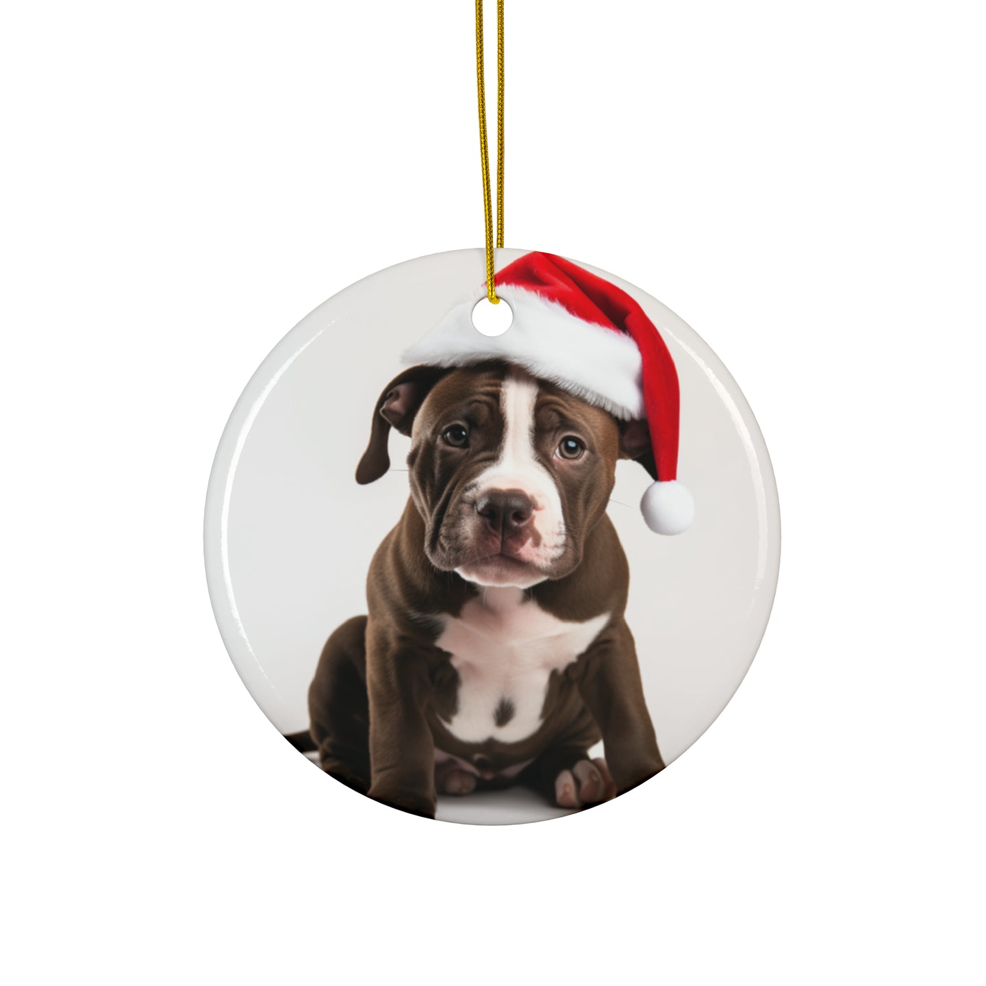 DistinctInk Hanging Ceramic Christmas Tree Ornament with Gold String - Great Gift/Present - 2 3/4 inch Diameter - American Staffordshire Terrier Puppy Design