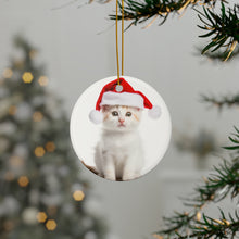 DistinctInk Hanging Ceramic Christmas Tree Ornament with Gold String - Great Gift/Present - 2 3/4 inch Diameter - Turkish Van Kitten Design