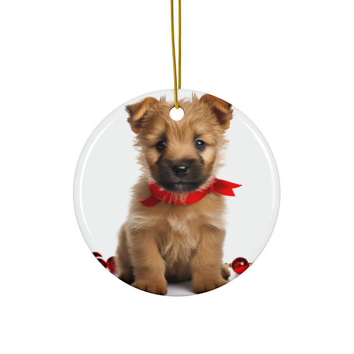 DistinctInk Hanging Ceramic Christmas Tree Ornament with Gold String - Great Gift/Present - 2 3/4 inch Diameter - Norwich Terrier Puppy Design