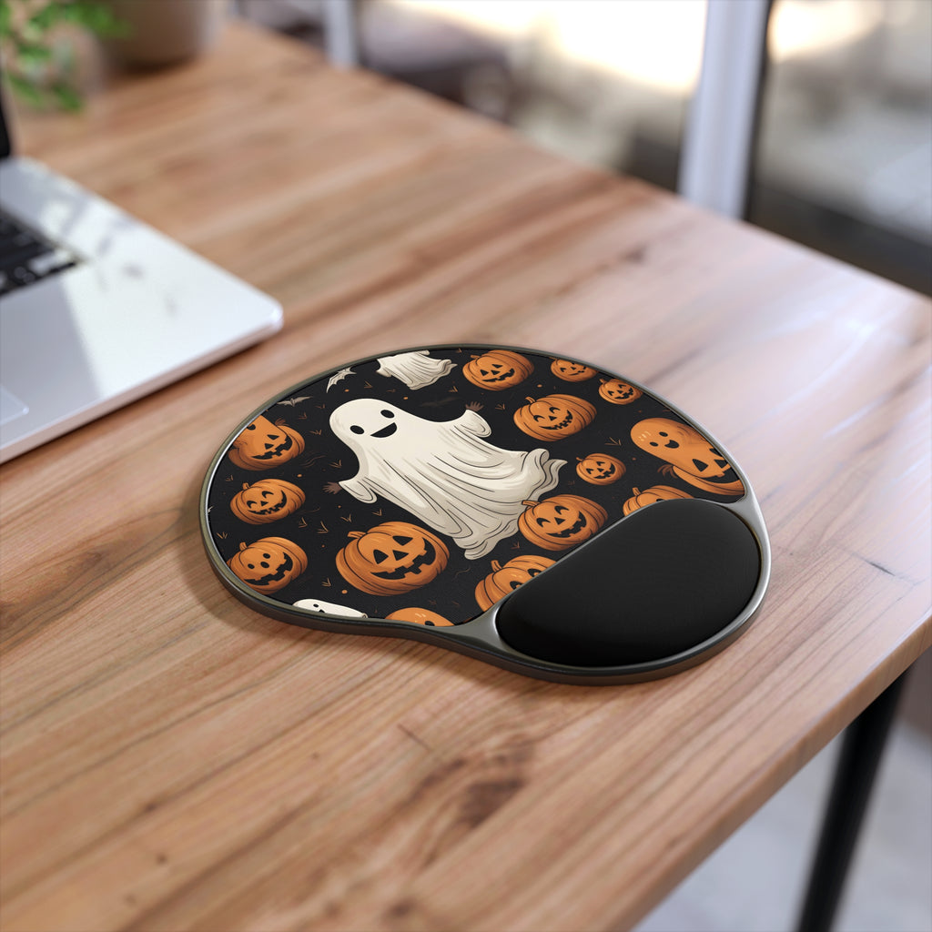 Mouse Pad with Wrist Rest with Ghastly Skeleton Pumpkin Design for Halloween, view 2