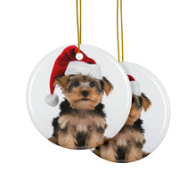 DistinctInk Hanging Ceramic Christmas Tree Ornament with Gold String - Great Gift/Present - 2 3/4 inch Diameter - Yorkshire Terrier Design