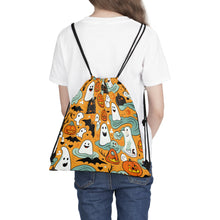 DistinctInk Drawstring Bag Backpack with Flying Pumpkin Bats Design for Halloween