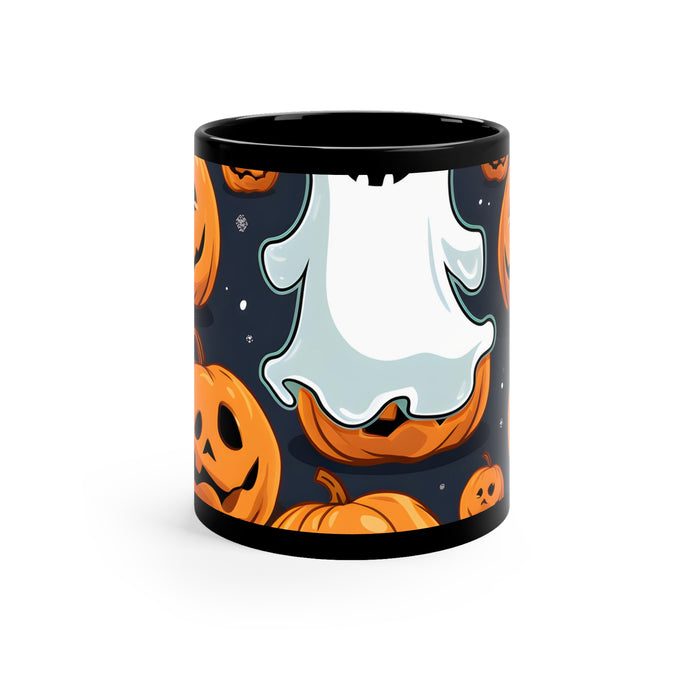 DistinctInk Black Coffee Mug - Ghost Skeleton Spooky Pumpkins for Halloween