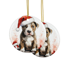 DistinctInk Hanging Ceramic Christmas Tree Ornament with Gold String - Great Gift/Present - 2 3/4 inch Diameter - American Staffordshire Terrier Puppy Drawing Design