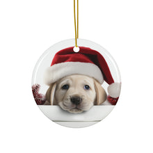 DistinctInk Hanging Ceramic Christmas Tree Ornament with Gold String - Great Gift/Present - 2 3/4 inch Diameter - Great Pyrenee Puppy Design