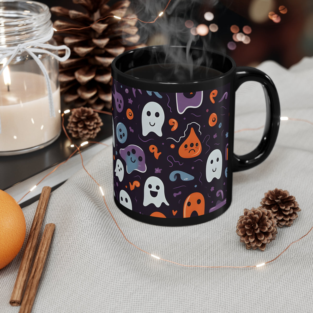Black Coffee Mug - Skeletal Ghostly Pumpkins for Halloween, view 4