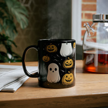 DistinctInk Black Coffee Mug - Skeletal Ghostly Pumpkin Fun for Halloween