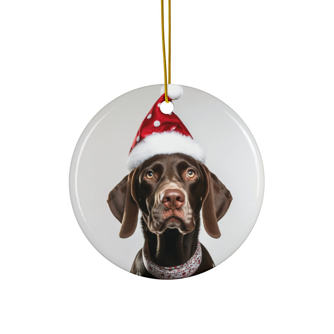 DistinctInk Hanging Ceramic Christmas Tree Ornament with Gold String - Great Gift/Present - 2 3/4 inch Diameter - German Shorthaired Pointer Design