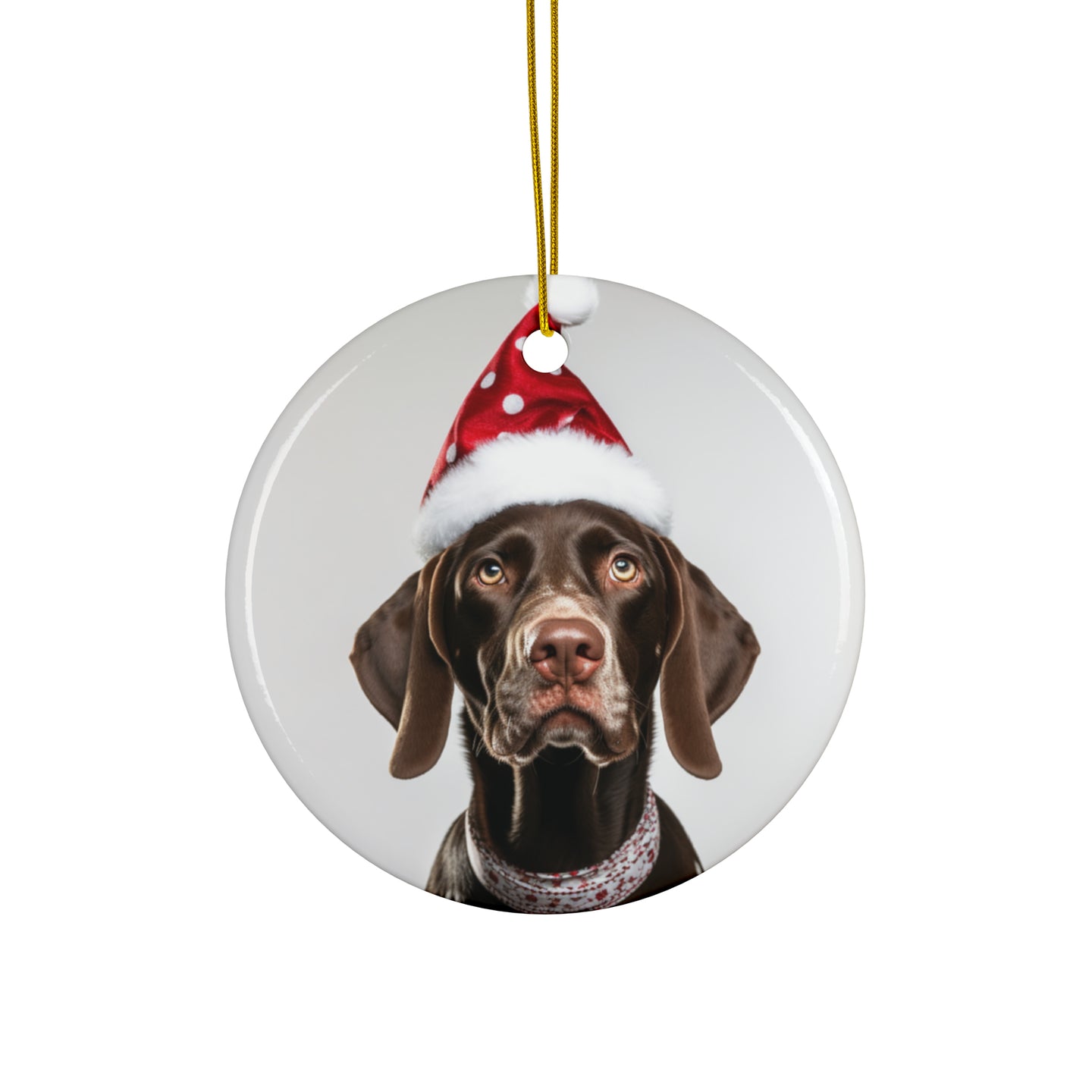 DistinctInk Hanging Ceramic Christmas Tree Ornament with Gold String - Great Gift/Present - 2 3/4 inch Diameter - German Shorthaired Pointer Design