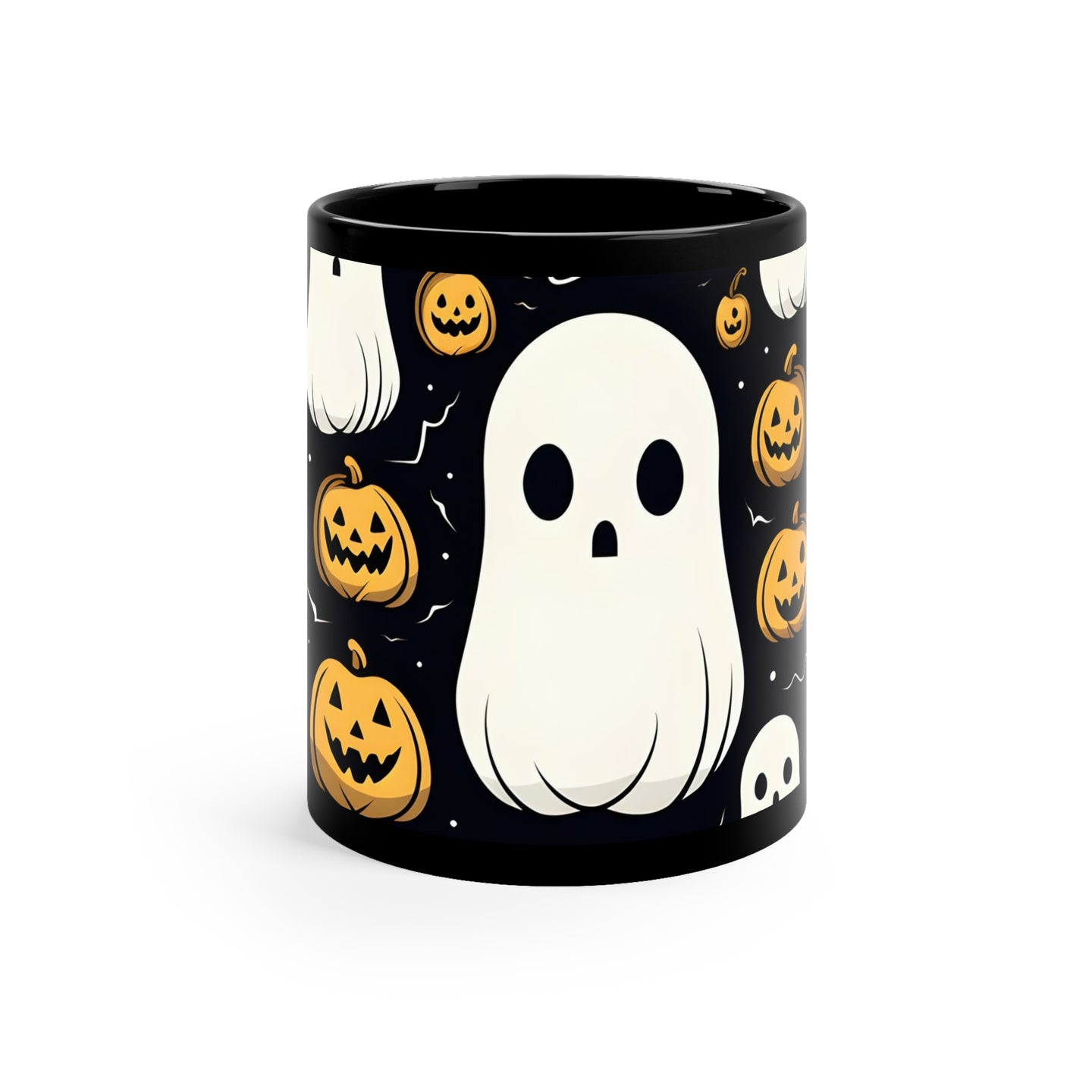 DistinctInk Black Coffee Mug - Skeletal Ghostly Pumpkin Fun for Halloween