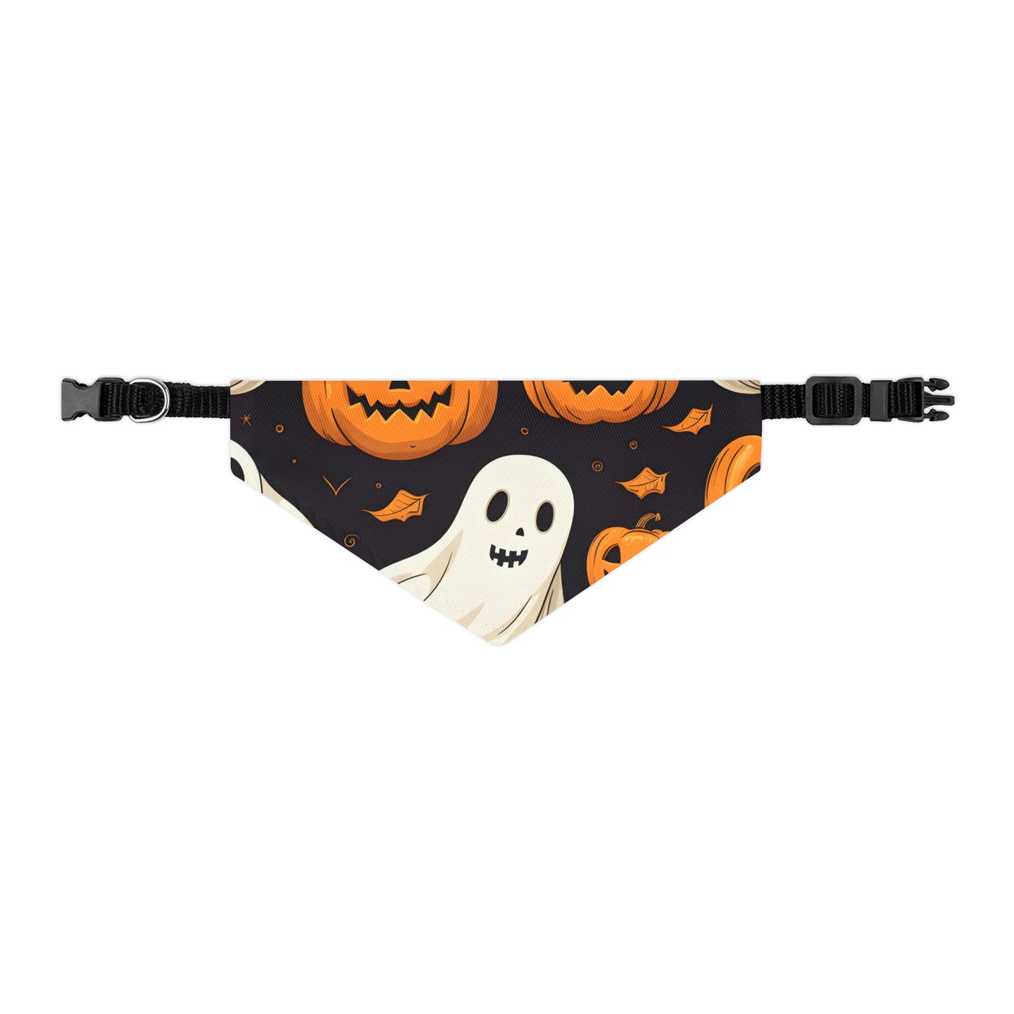 DistinctInk Adjustable Pet Banana Collar with Ghastly Skeleton Pumpkin Party Design for Halloween