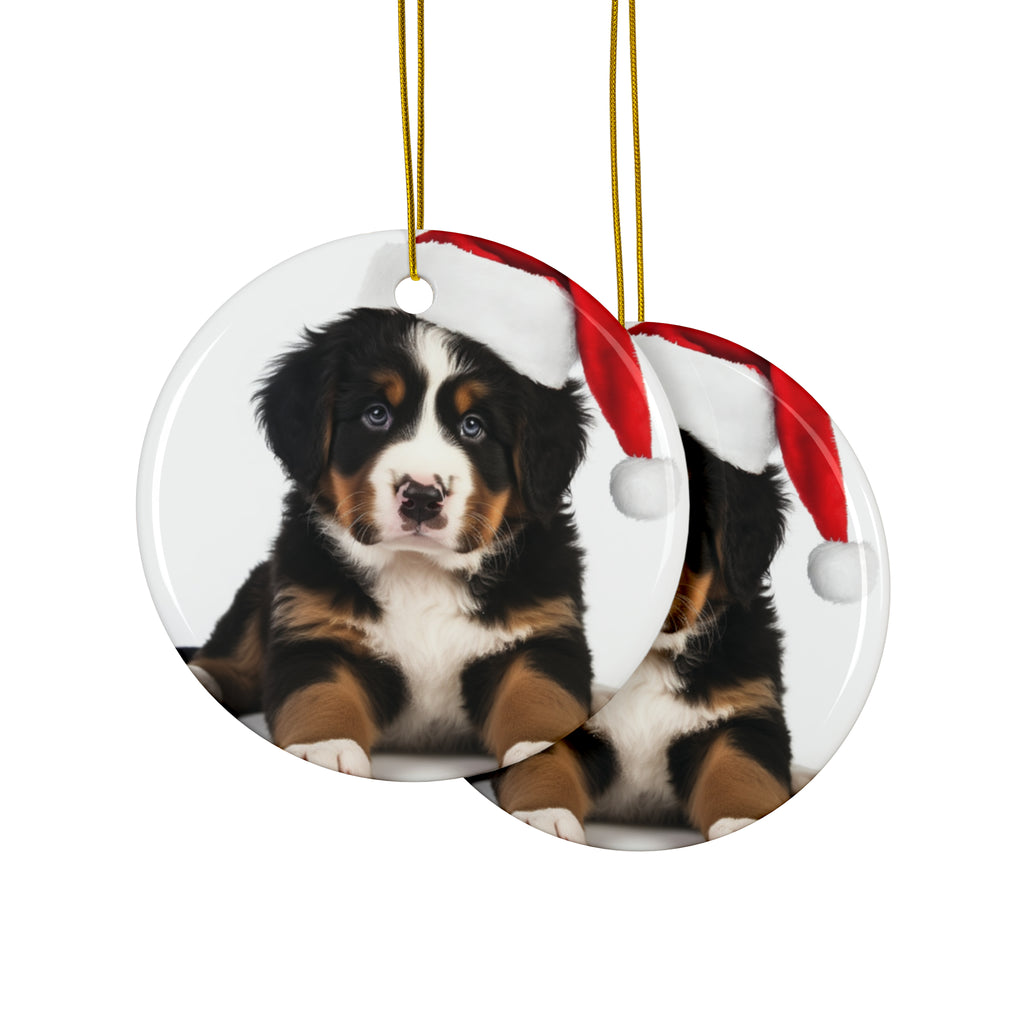 Hanging Ceramic Christmas Tree Ornament with Gold String - Bernese Mountain Dog Puppy Design, view 2