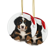 DistinctInk Hanging Ceramic Christmas Tree Ornament with Gold String - Great Gift/Present - 2 3/4 inch Diameter - Bernese Mountain Dog Puppy Design