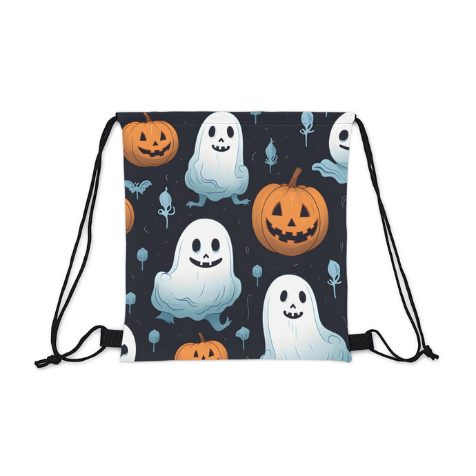 DistinctInk Drawstring Bag / Backpack with Ghastly Skeleton Pumpkin Patch Design for Halloween