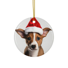 DistinctInk Hanging Ceramic Christmas Tree Ornament with Gold String - Great Gift/Present - 2 3/4 inch Diameter - Basenji Puppy Design