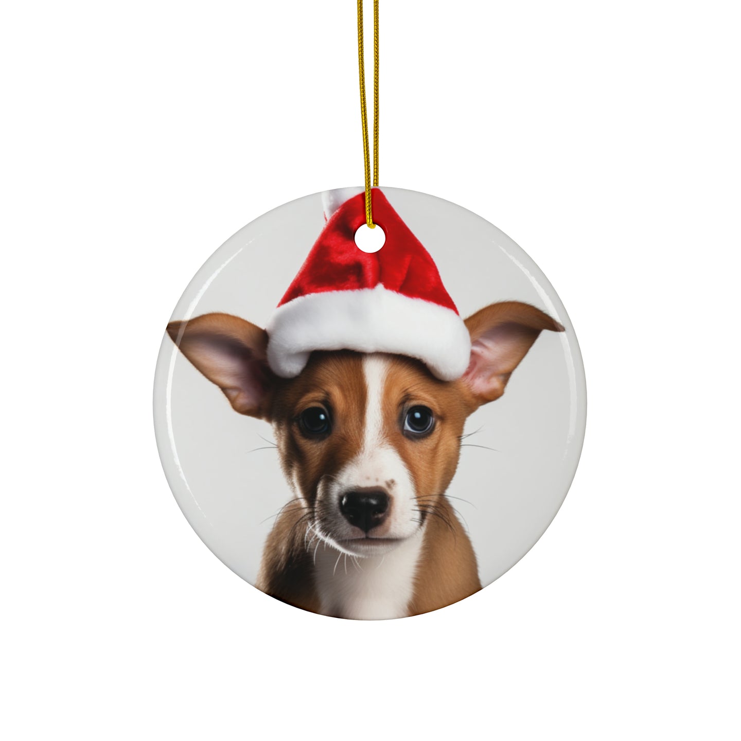 DistinctInk Hanging Ceramic Christmas Tree Ornament with Gold String - Great Gift/Present - 2 3/4 inch Diameter - Basenji Puppy Design