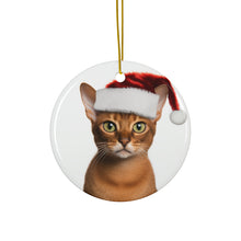 DistinctInk Hanging Ceramic Christmas Tree Ornament with Gold String - Great Gift/Present - 2 3/4 inch Diameter - Abyssinian Cat Design
