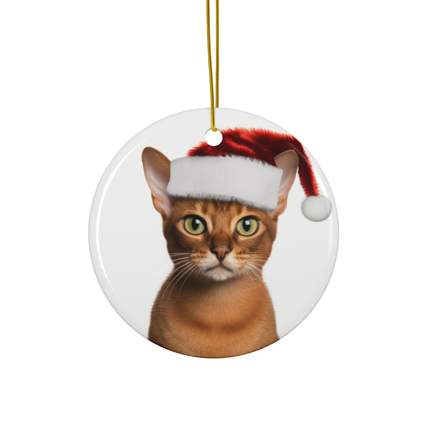 DistinctInk Hanging Ceramic Christmas Tree Ornament with Gold String - Great Gift/Present - 2 3/4 inch Diameter - Abyssinian Cat Design