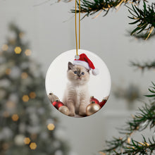 DistinctInk Hanging Ceramic Christmas Tree Ornament with Gold String - Great Gift/Present - 2 3/4 inch Diameter - Balinese Kitten Design