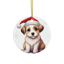 DistinctInk Hanging Ceramic Christmas Tree Ornament with Gold String - Great Gift/Present - 2 3/4 inch Diameter - Komondorok Puppy Design