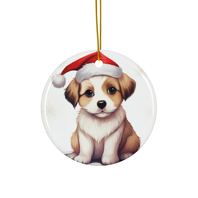 DistinctInk Hanging Ceramic Christmas Tree Ornament with Gold String - Great Gift/Present - 2 3/4 inch Diameter - Komondorok Puppy Design
