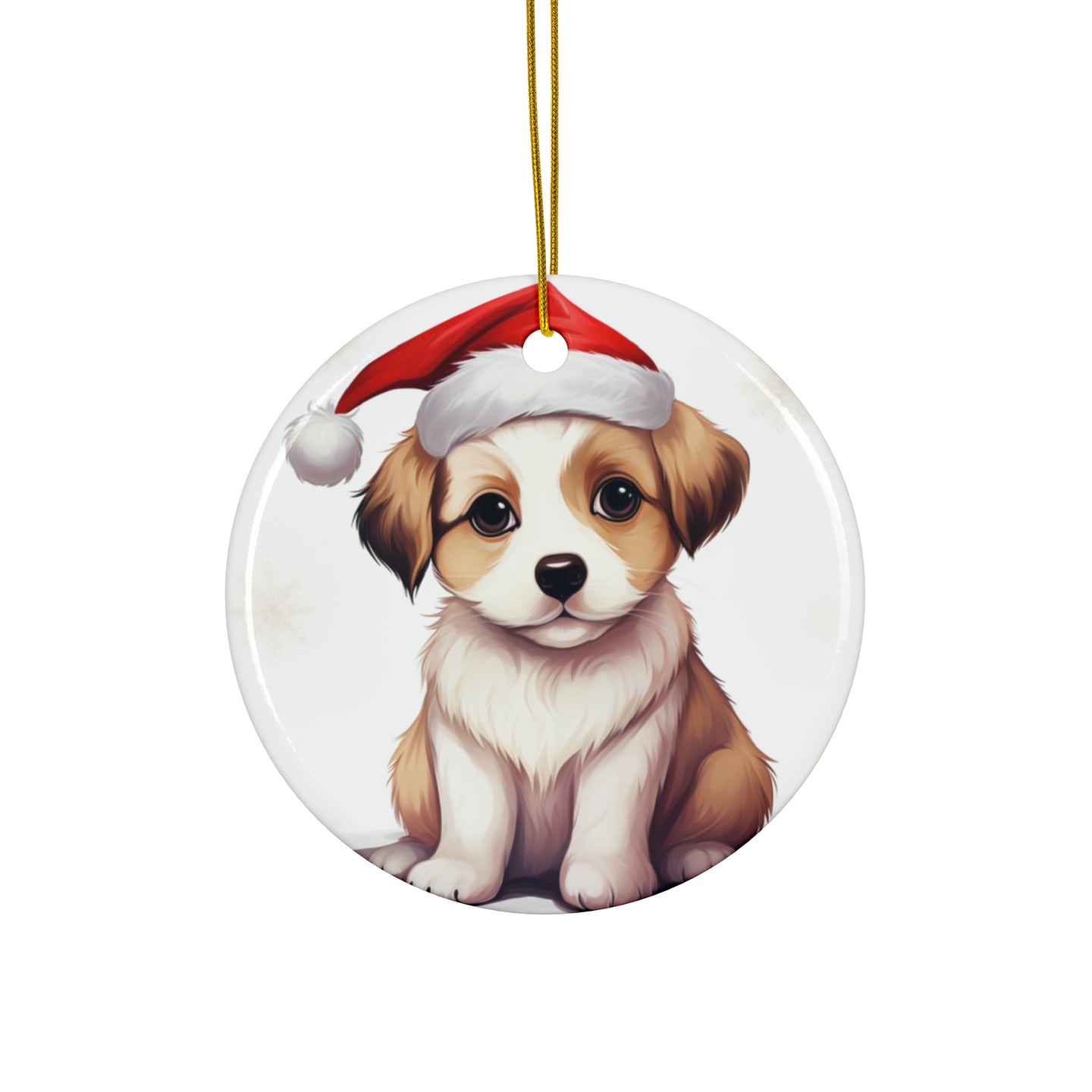 DistinctInk Hanging Ceramic Christmas Tree Ornament with Gold String - Great Gift/Present - 2 3/4 inch Diameter - Komondorok Puppy Design