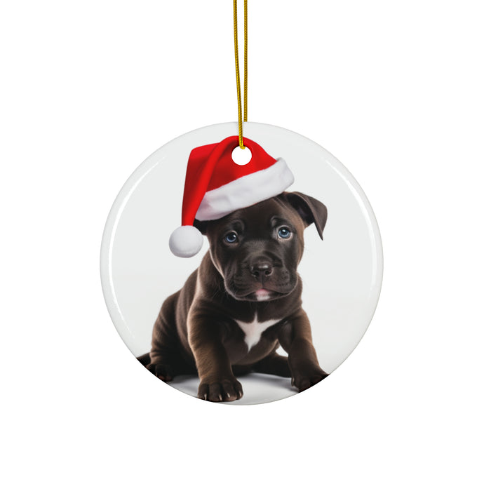 DistinctInk Hanging Ceramic Christmas Tree Ornament with Gold String - Great Gift/Present - 2 3/4 inch Diameter - Staffordshire Bull Terrier Puppy Design