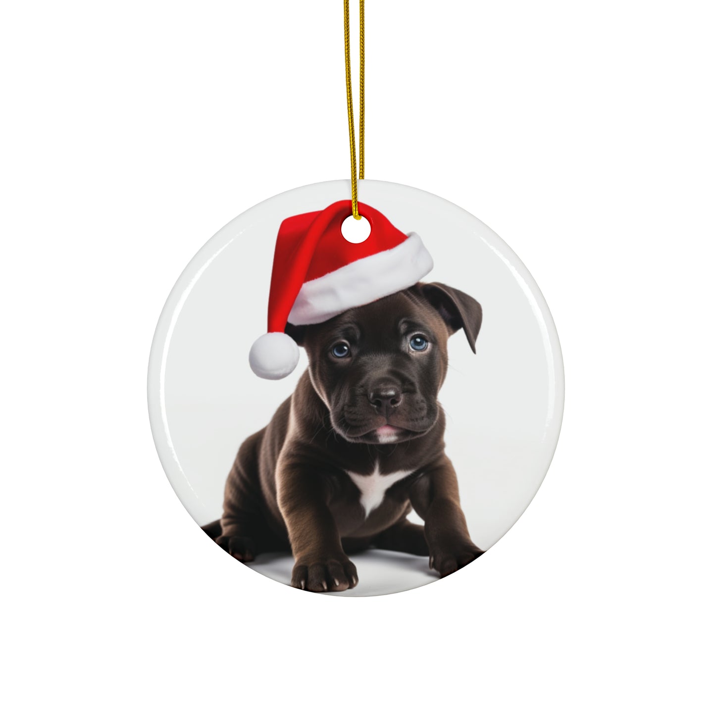 DistinctInk Hanging Ceramic Christmas Tree Ornament with Gold String - Great Gift/Present - 2 3/4 inch Diameter - Staffordshire Bull Terrier Puppy Design