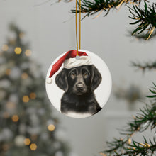 DistinctInk Hanging Ceramic Christmas Tree Ornament with Gold String - Great Gift/Present - 2 3/4 inch Diameter - Flat-Coated Retriever Puppy Drawing Design